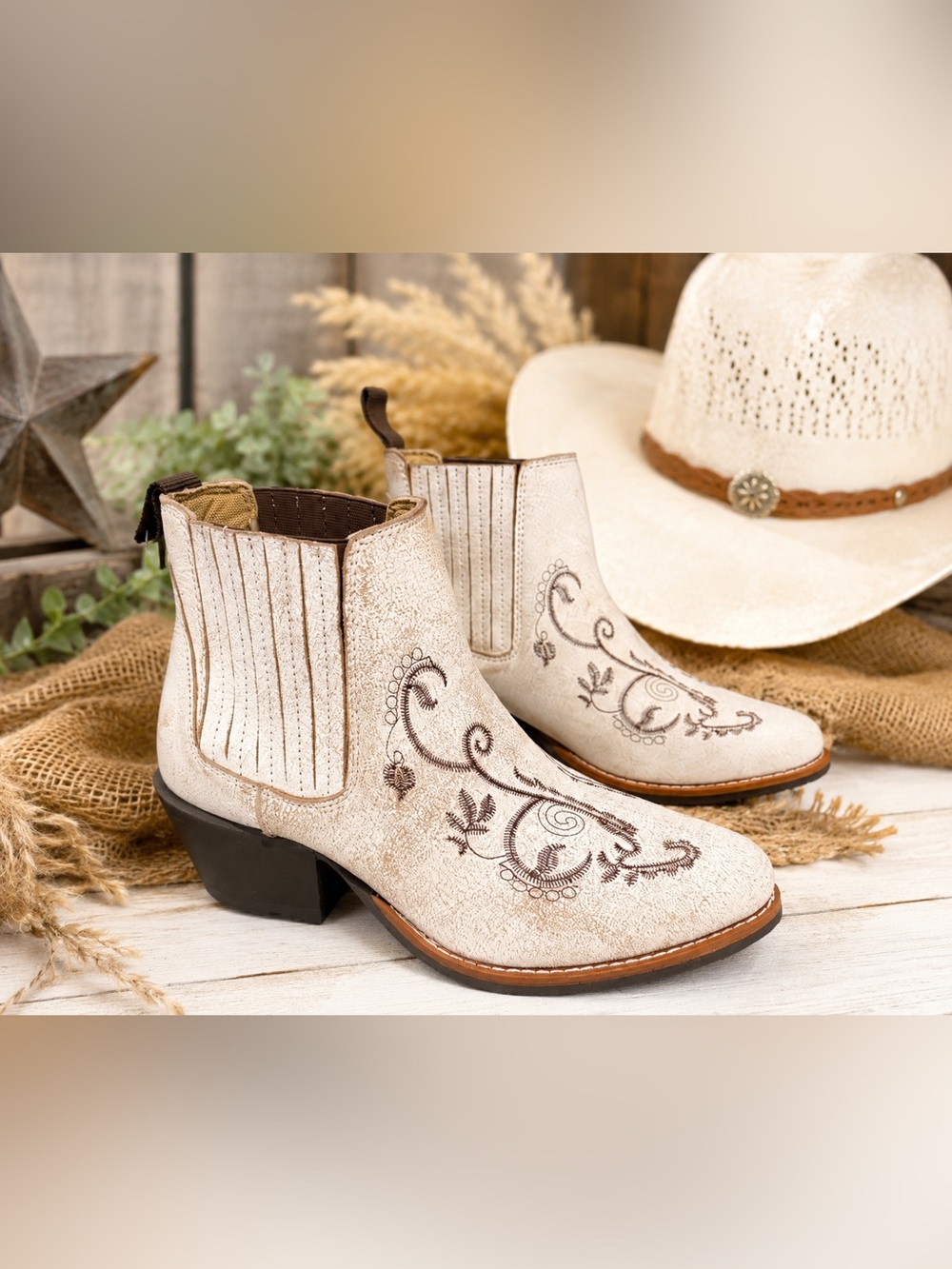Smoky Mountain Boots. Embroidered Cream Western Booties with comfort stretch